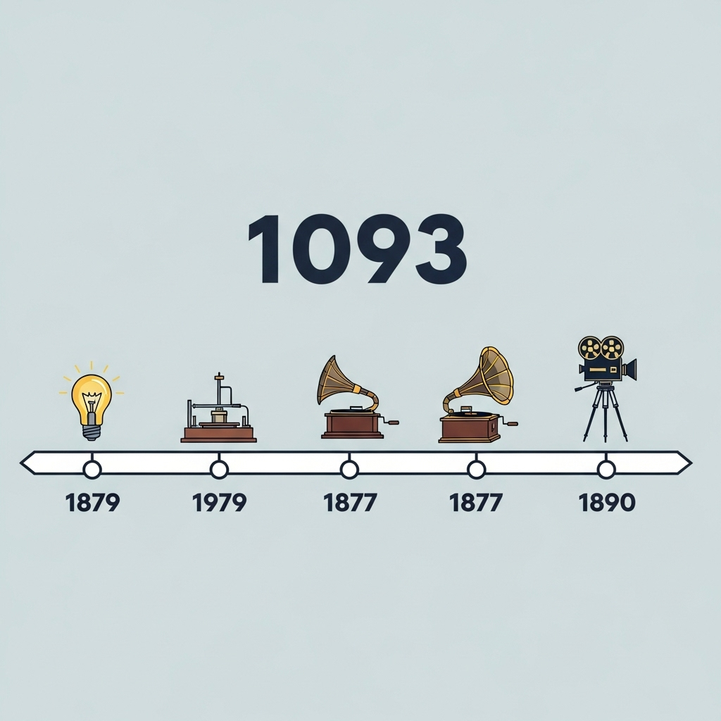 A graphic illustration depicting a timeline with key invention milestones of Thomas Edison. On the timeline, there are small icons representing a light bulb, phonograph, and early film camera, along with the number '1093' prominently displayed, symbolizing his patents. The background is clean and informational, without text.