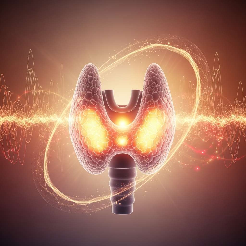 A highly detailed illustration of a human thyroid gland, subtly glowing, surrounded by abstract representations of energy and metabolism, with a background of gentle, warm colors. No text in the image.