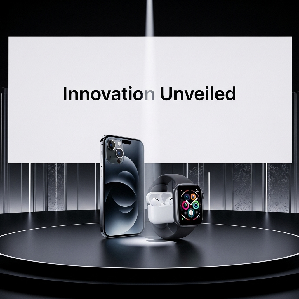 애플 신제품 - A sleek, modern Apple Event stage with a large screen displaying "Innovation Unveiled." Spotlight is on new products: a slim iPhone 17, an Apple Watch Series 11 on a wrist, and AirPods Pro 3 in their charging case. The background is minimalistic and futuristic, in a high-tech style.