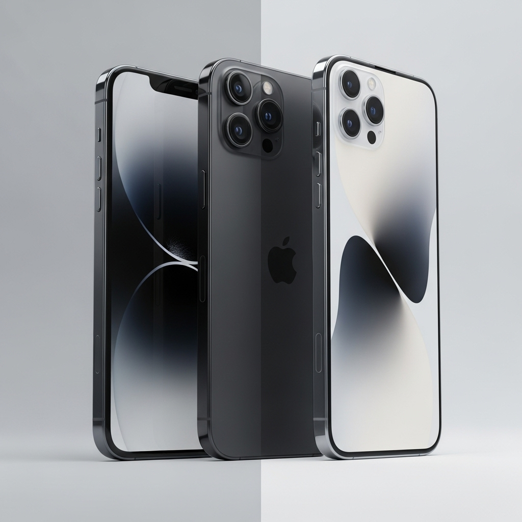 A split image showing three distinct iPhone models. On the left, a standard iPhone 17 in a vibrant color, showcasing its improved display. In the center, an iPhone 17 Pro in a dark, professional finish, emphasizing its camera array and sleek frame. On the right, an ultra-thin iPhone Air, highlighting its incredibly slim profile and futuristic design. All are shown in a clean, high-tech setting.