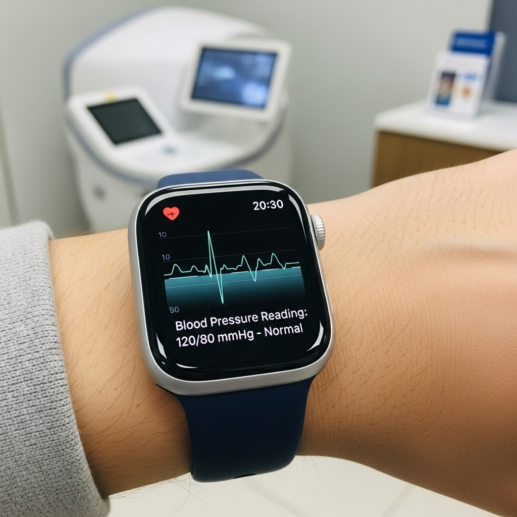 A person wearing an Apple Watch Series 11 on their wrist, displaying a health monitoring interface with a heart rate graph and a notification about blood pressure. The background is a clean, modern medical setting, suggesting advanced health features. The watch band is stylish and comfortable.