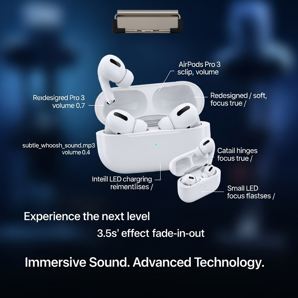 Close-up of AirPods Pro 3 in their open charging case, highlighting the redesigned earbuds. Soft, ambient light illuminates the scene, suggesting premium audio quality and advanced technology. The background is a slightly blurred, modern studio environment.