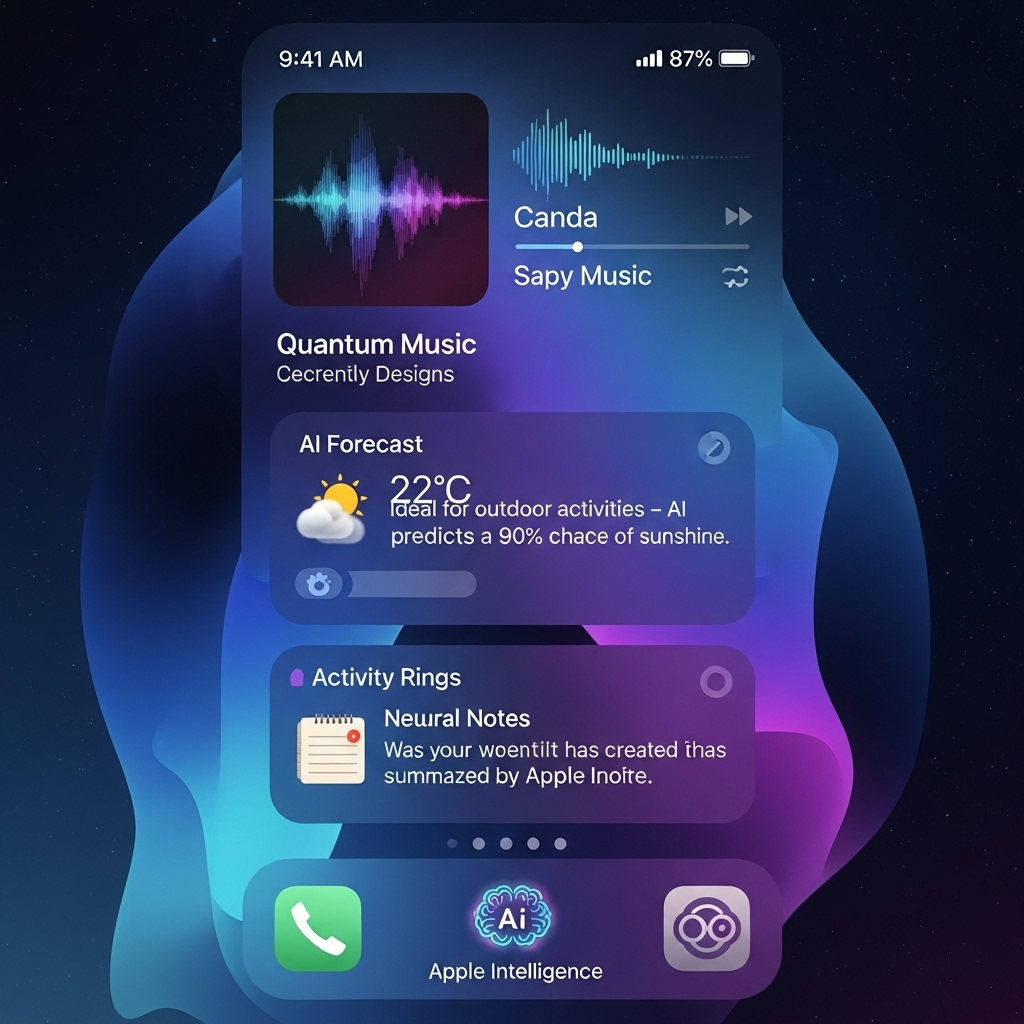 A split screen showing two different Apple operating systems. On the left, a vibrant iOS 26 home screen with new widget designs and a focus on an Apple Intelligence feature icon. On the right, a macOS Tahoe desktop with a clean, modern interface, showcasing a new Repair Assistant window with some system diagnostics. Both screens are sharp and colorful, reflecting a high-tech update.