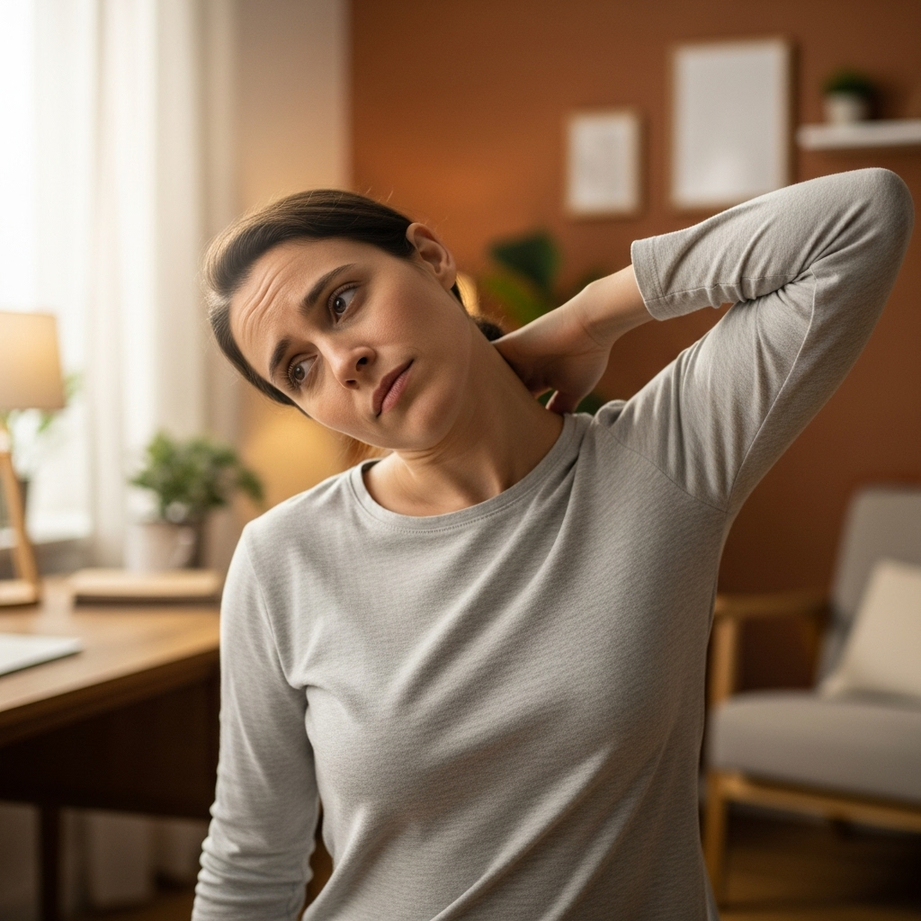 A person gently stretching their neck and shoulders, looking concerned but determined to improve their posture. The background is a soft, warm office or home setting, with natural light.