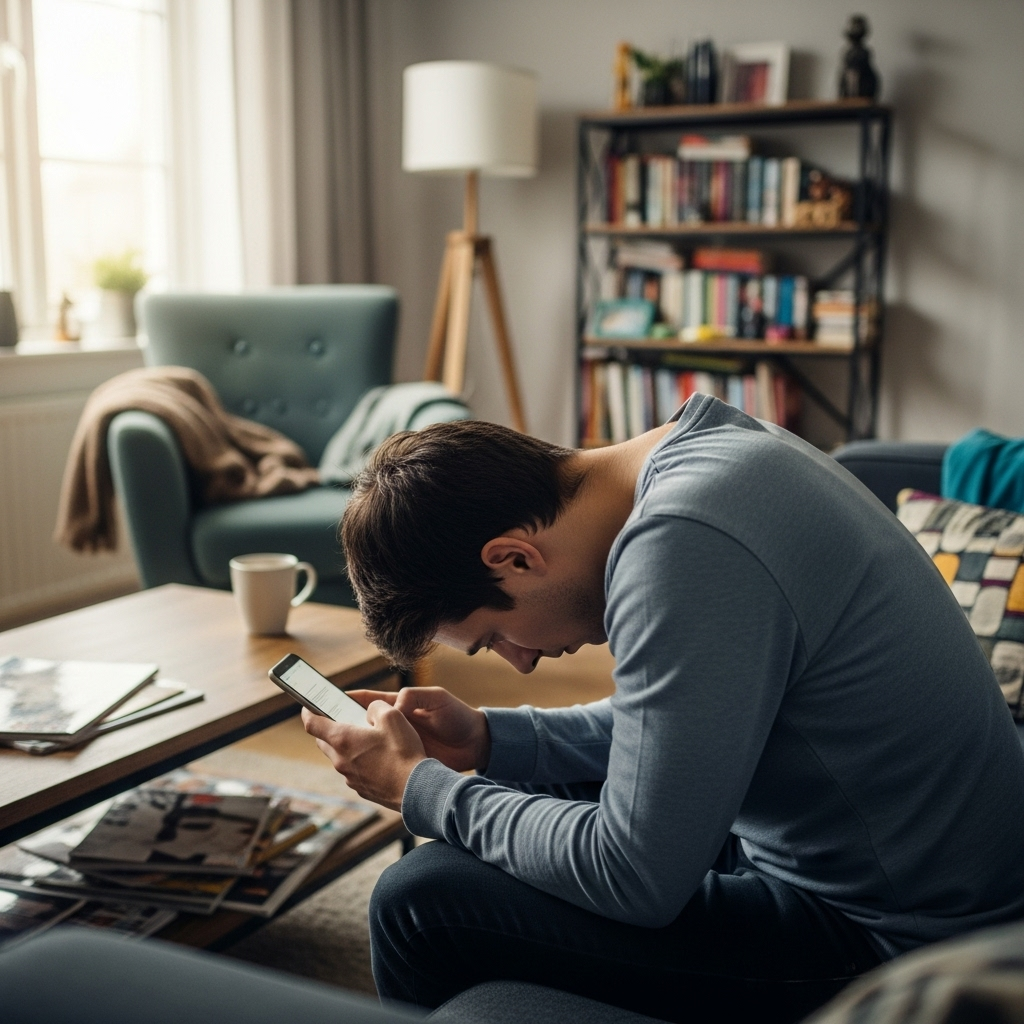 A person looking down at a smartphone with poor posture, hunching their back and craning their neck forward. The background shows a modern, slightly cluttered living room, emphasizing everyday life.