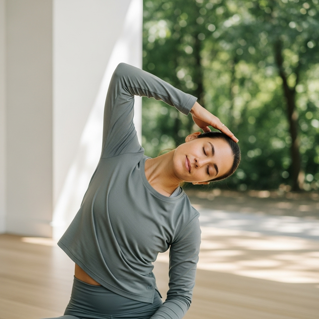 A person performing a gentle neck stretch, looking relaxed and focused. The background is a clean, minimalist workout space or an outdoor park with green foliage.