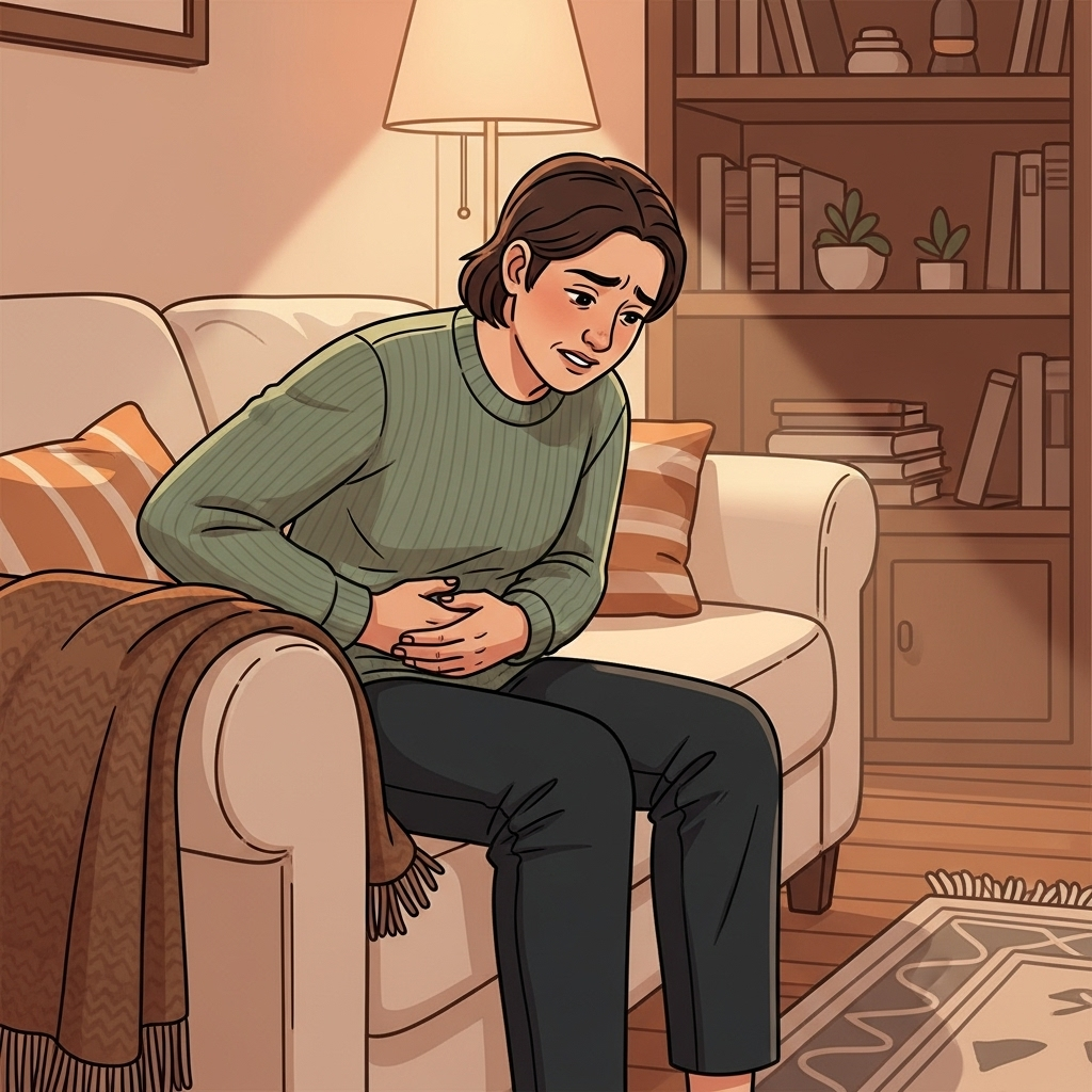A person holding their stomach with a pained but not overly distressed expression, sitting on a couch. The background is a warm, cozy living room. The image should convey discomfort but also a sense of seeking relief, in a neutral, friendly art style without any text.