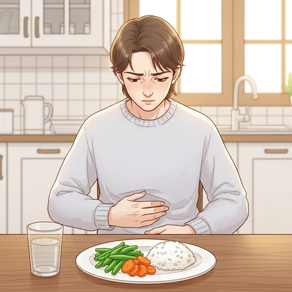 A person gently touching their stomach, looking slightly worried, with a plate of simple, healthy food (like boiled vegetables and rice) on a table in front of them. The background is a clean, bright kitchen. The overall feeling is one of mindful eating and digestive health, in a gentle, warm art style.