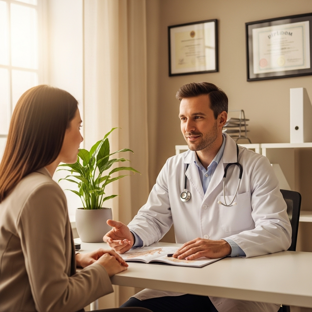 A doctor in a white coat calmly explaining something to a patient in a consultation room, with a medical chart visible. The overall atmosphere is reassuring and professional, in a realistic but warm art style. No text in the image.