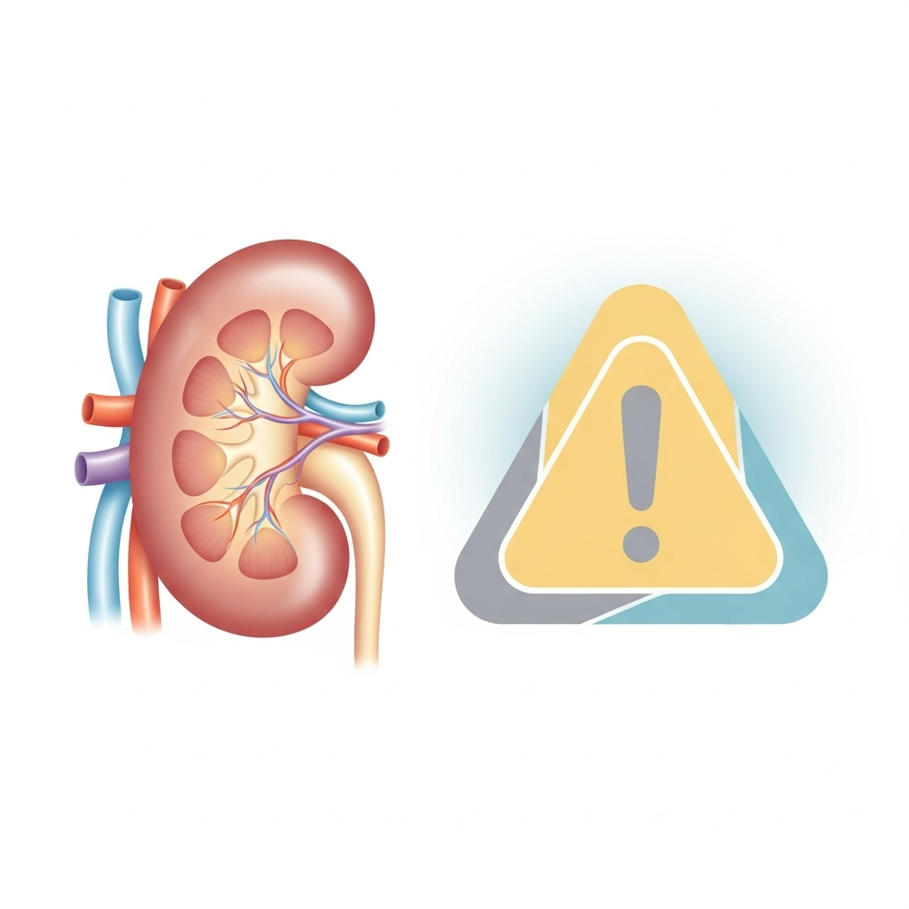 A beautifully designed infographic showing a healthy kidney organ on one side and a stylized "alert" or "warning" symbol on the other, with gentle, calm colors. No text in the image.