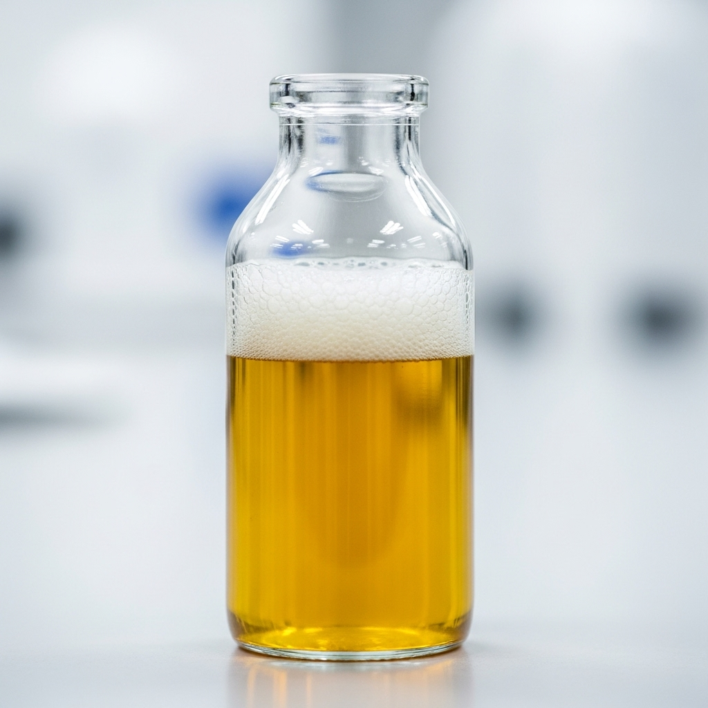 A clear glass bottle with a yellow liquid, representing urine, with some noticeable foam on top, suggesting proteinuria. The background is clean and clinical, with no text.