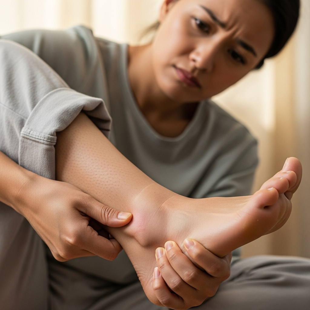 A person gently pressing on their swollen ankle, with a slightly concerned expression, indicating discomfort or a symptom of edema. The lighting is soft and natural.