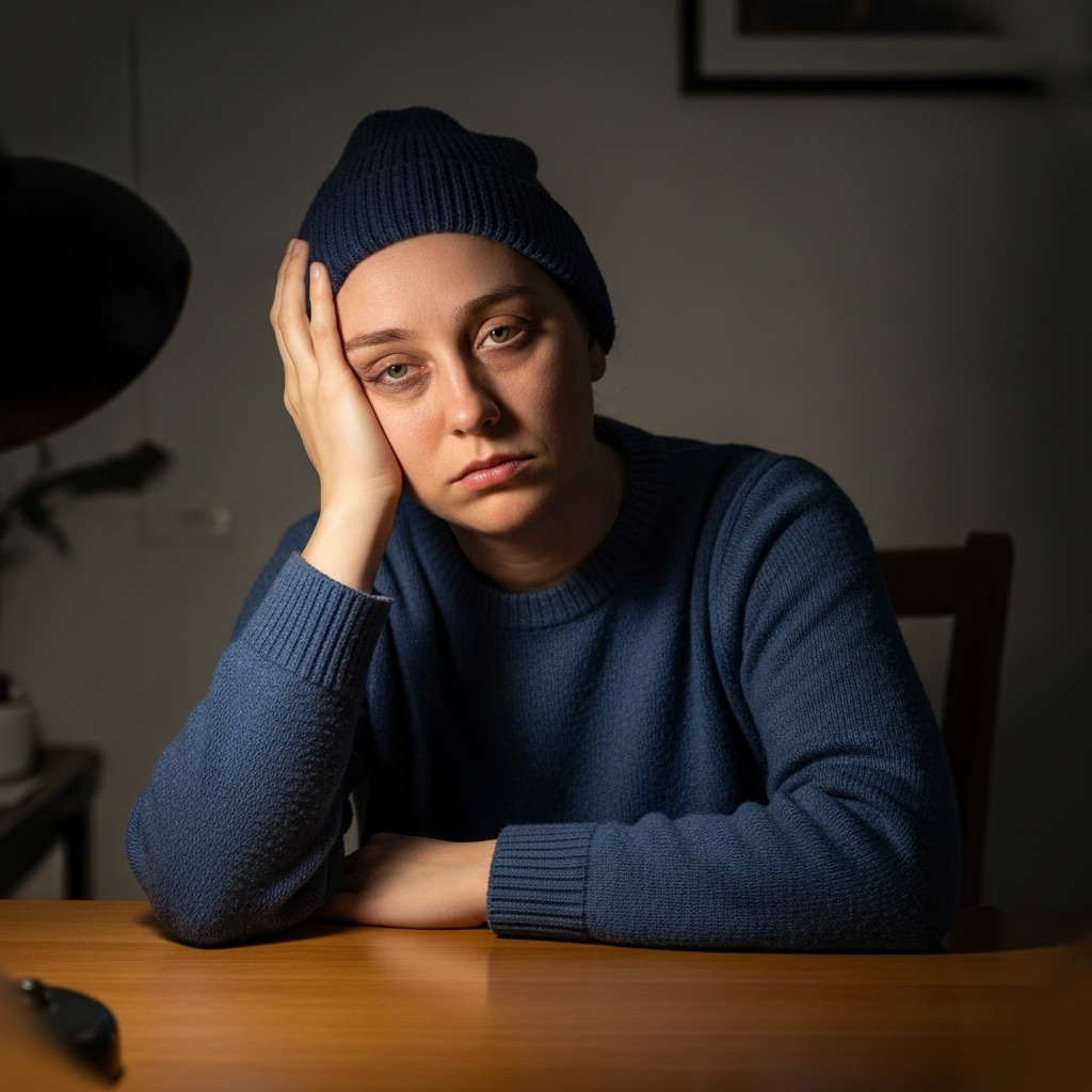 A person looking visibly tired and leaning their head on their hand, with a slightly pale complexion, suggesting extreme fatigue. The setting is a quiet, dimly lit room.