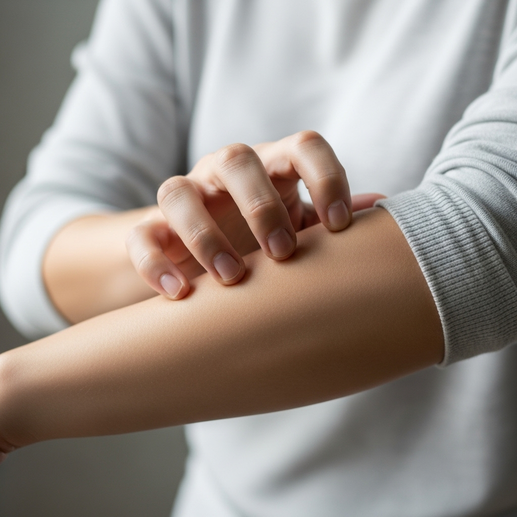 A person gently scratching their arm, depicting generalized skin itchiness without visible rash. The focus is on the action of scratching.