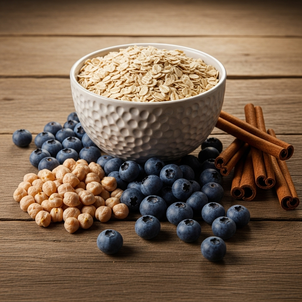 A vibrant still life of healthy, natural ingredients on a rustic wooden table. Include a bowl of oats, fresh blueberries, a pile of chickpeas, and cinnamon sticks. The lighting should be soft and inviting, emphasizing the freshness and natural appeal of the food. No text in the image.