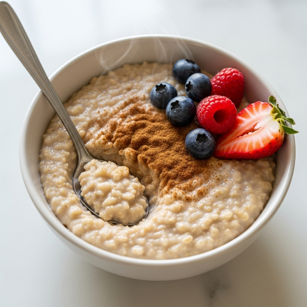 A close-up shot of a bowl of oatmeal (porridge) with a spoon, garnished with a sprinkle of cinnamon and a few fresh berries, on a clean, light-colored kitchen counter. The texture of the oatmeal is visible, and the overall image conveys warmth and health. No text in the image.