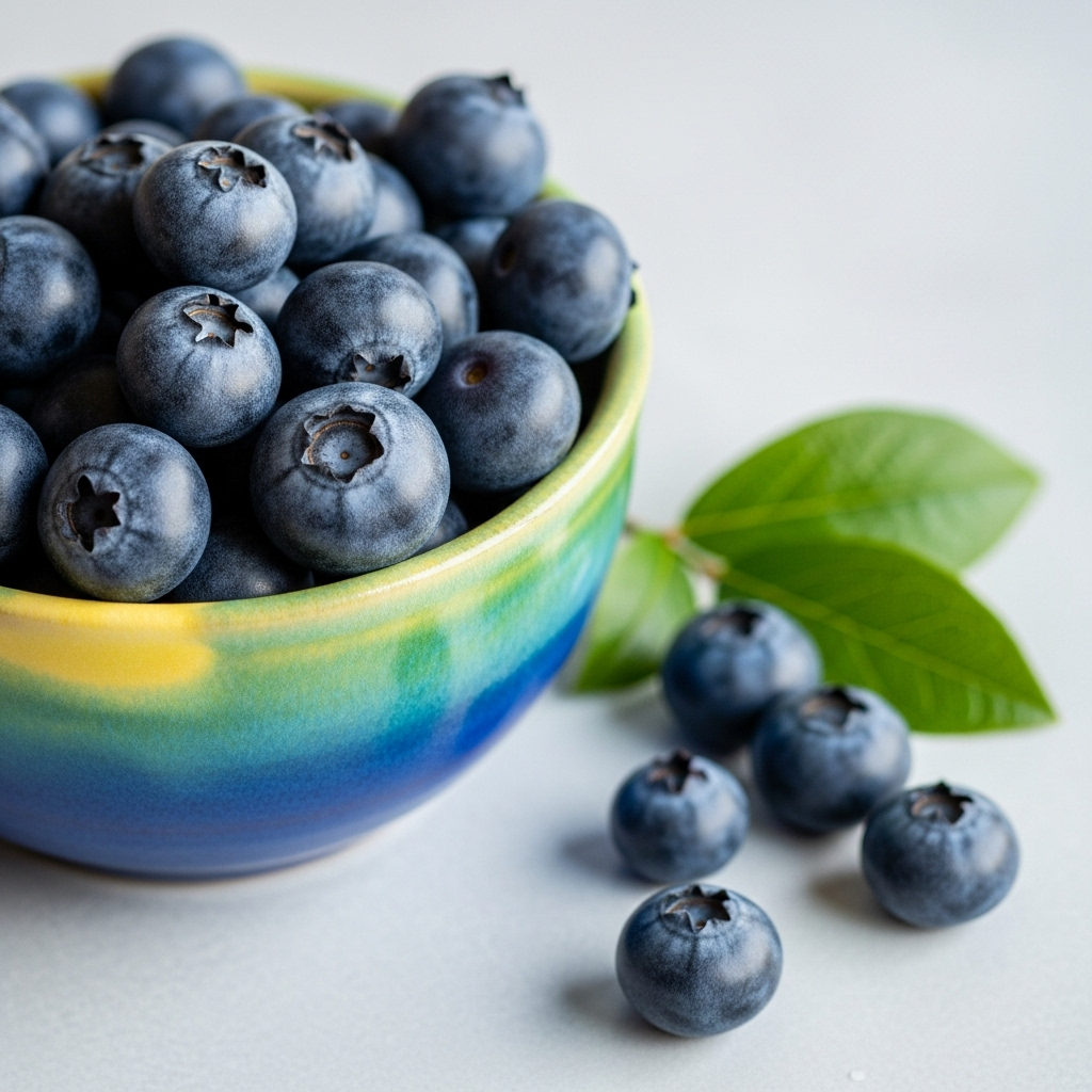 A small, colorful bowl filled with fresh, plump blueberries, placed next to a few scattered blueberries and a green leaf on a light surface. The focus is on the rich color and freshness of the fruit. No text in the image.