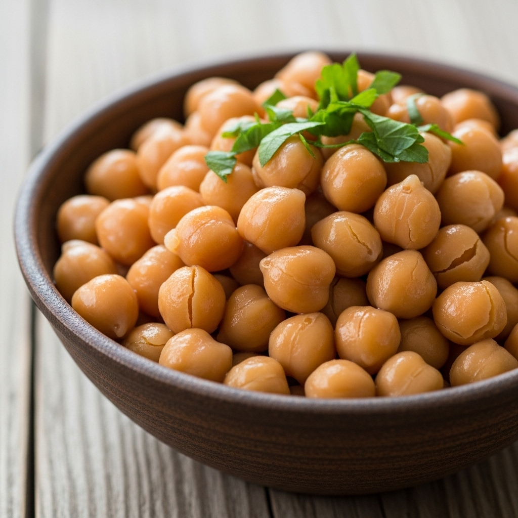 A bowl of cooked chickpeas (garbanzo beans) in a light brown color, with a few fresh parsley leaves as garnish, on a simple table. The texture of the chickpeas is clear and appealing. No text in the image.