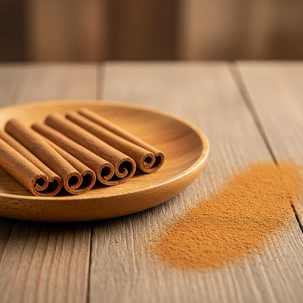 Several cinnamon sticks neatly arranged on a small, round wooden plate, with a light dusting of cinnamon powder nearby. The background is softly blurred to keep the focus on the spice. No text in the image.