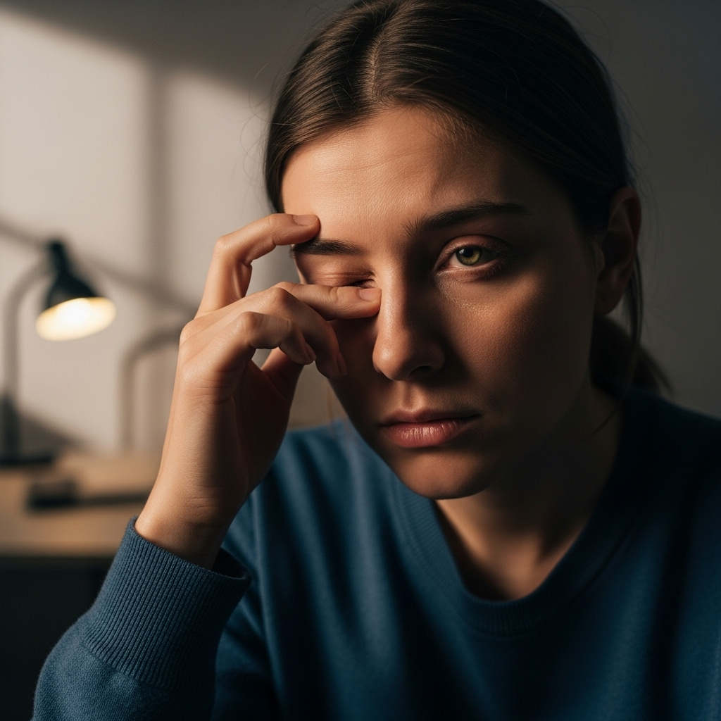 A person looking tired, rubbing their eyes, with a subtle, gentle eye twitch indicated on their eyelid. The setting is a dimly lit room, suggesting fatigue. Soft, warm lighting. realistic style.