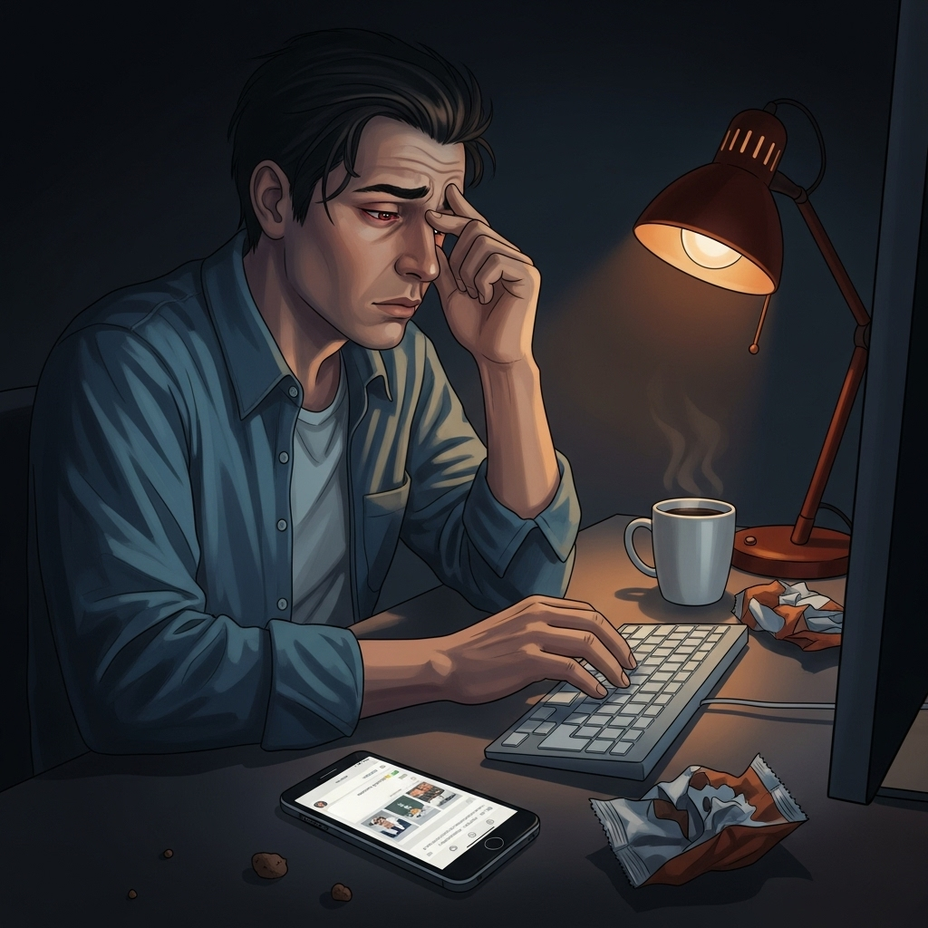 A person sitting in front of a computer, looking stressed and tired, with one hand near their eyes. A smartphone is lying next to the keyboard. The lighting suggests late-night work. realistic, slightly stylized.
