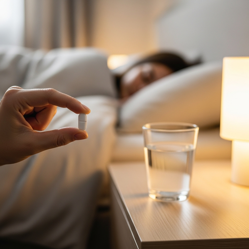 A hand holding a magnesium supplement pill, with a glass of water on a bedside table. The background shows a soft, blurred image of a sleeping person in a comfortable bed, suggesting rest. warm, calming tones. realistic style.