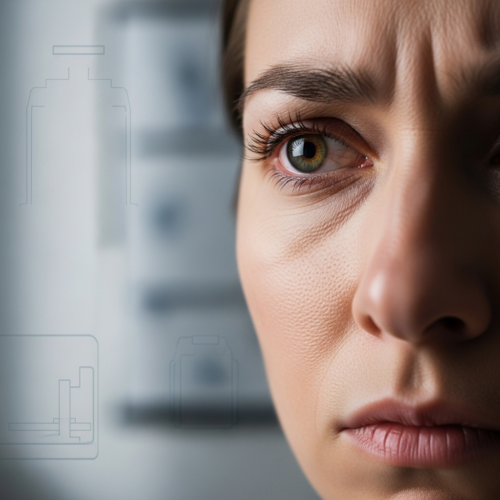 A close-up, slightly blurred image of a person's face showing subtle, continuous twitching around one eye. The person's expression is concerned. The background is a neutral medical office setting. realistic, slightly dramatic.