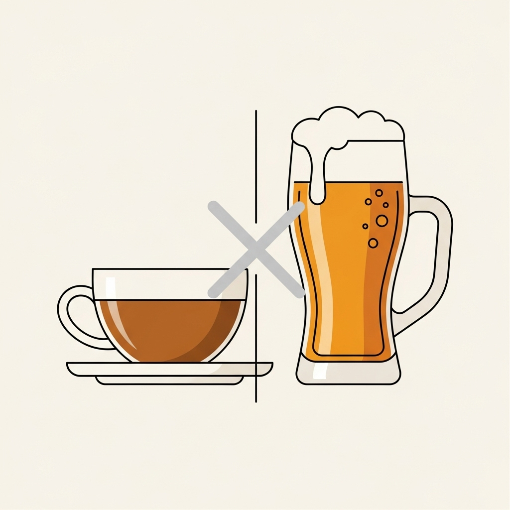 A stylized graphic showing a coffee cup on one side and a beer glass on the other, with a subtle "X" mark or "reduce" symbol over them. The background is simple and clean, suggesting moderation. graphic, clean lines.