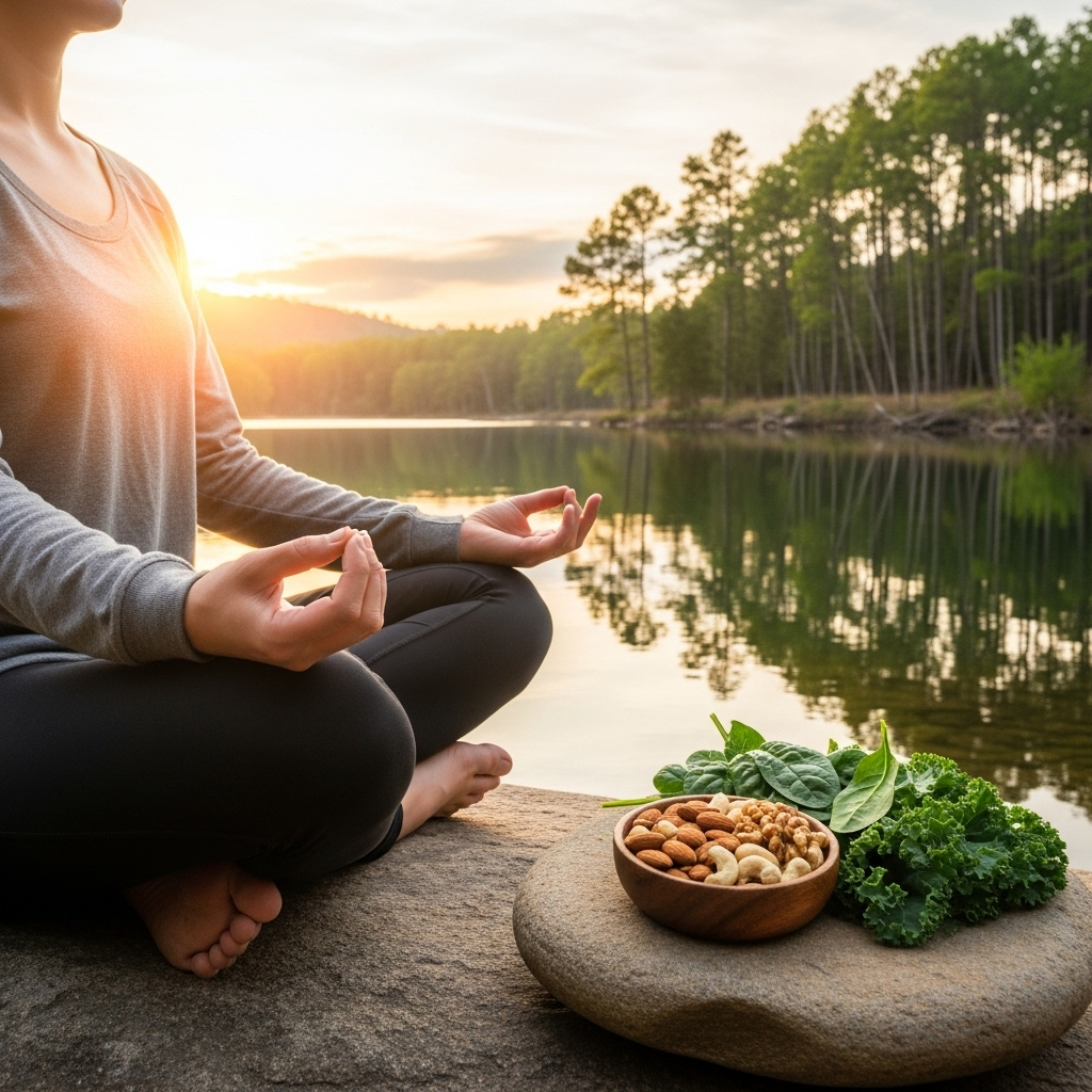 A person meditating calmly with their eyes closed, surrounded by a subtle aura of peacefulness. Next to them, a small bowl of nuts and green leafy vegetables. The setting is serene and natural. soft, harmonious colors. realistic style.