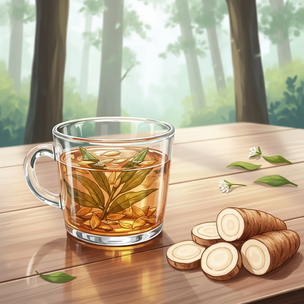 A clear, refreshing cup of herbal tea made from Hovenia dulcis (헛개나무) leaves and branches, next to sliced칡 root, set on a wooden table in a natural, serene environment, digital art.