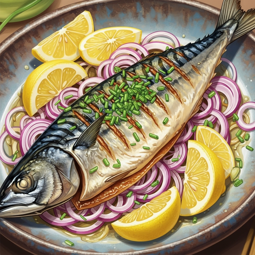 A fresh, colorful platter of grilled mackerel (등 푸른 생선) with sliced onions and chopped chives, garnished with lemon wedges, presented beautifully on a ceramic dish, digital art.