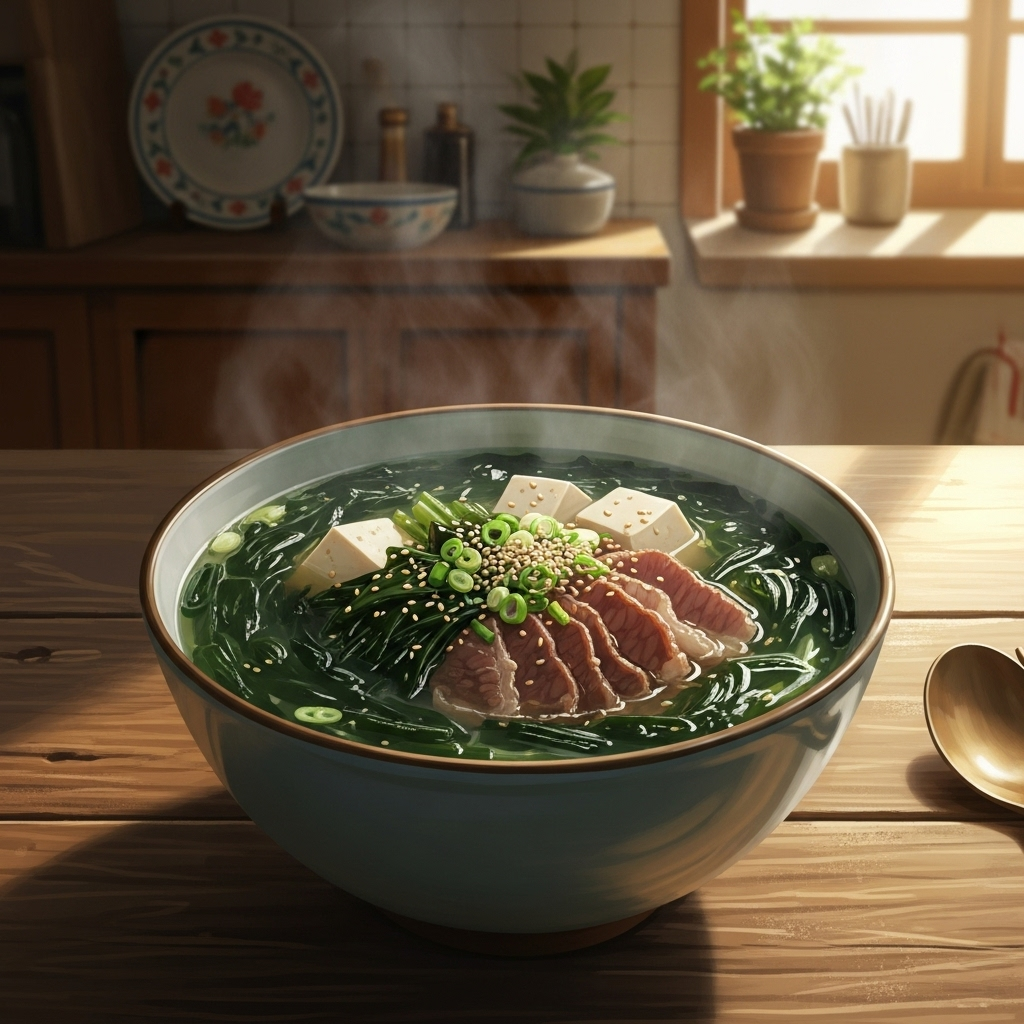 A warm bowl of Korean seaweed soup (미역국) with various healthy ingredients floating in it, steaming gently on a wooden table, in a cozy kitchen setting, digital art.