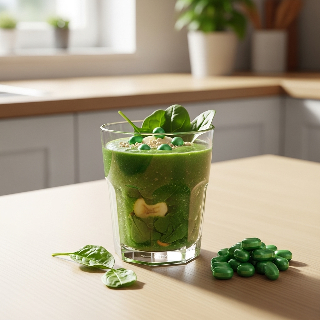 A vibrant green smoothie with fresh spinach, banana, and a small pile of magnesium supplements next to it on a wooden table, in a bright, healthy kitchen setting. Soft, natural light.