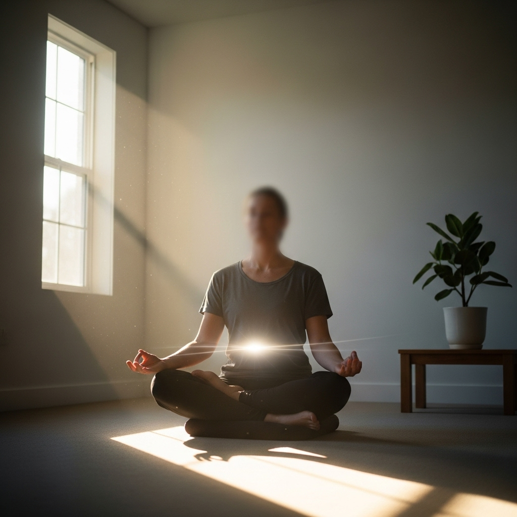 A calm person meditating in a peaceful, softly lit room, with a subtle aura of tranquility around them. No distinct features of the person are visible.