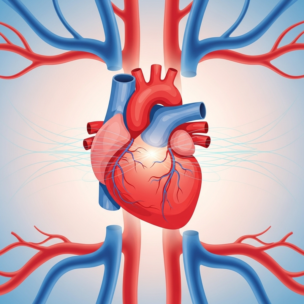 A stylized, healthy human heart with subtle, pulsating lines emanating from it, set against a background suggesting clean blood vessels.