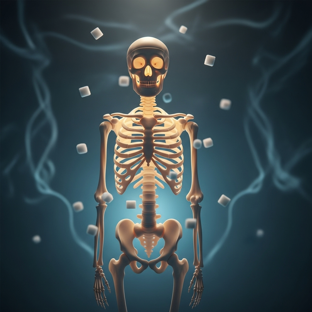 A human skeleton made of glowing, healthy bones, with tiny sugar cubes gently floating around it, symbolizing blood sugar control and bone health.