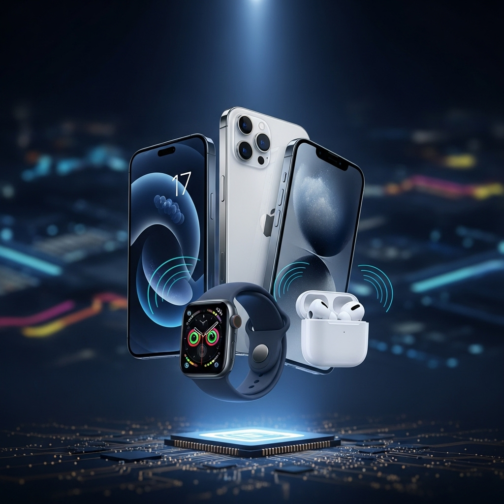 A sleek, modern Apple event stage with a spotlight on a holographic representation of the new iPhone 17, iPhone Air, Apple Watch Series 11, and AirPods Pro 3, radiating a futuristic glow. The background is a soft, blurred technological landscape.