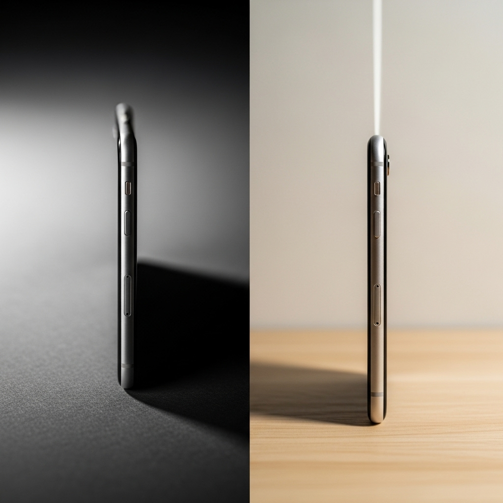 A close-up, artistic shot of the iPhone Air, highlighting its incredibly thin profile against a minimalist, elegant background. Soft, diffused lighting emphasizes its sleek design and premium finish.