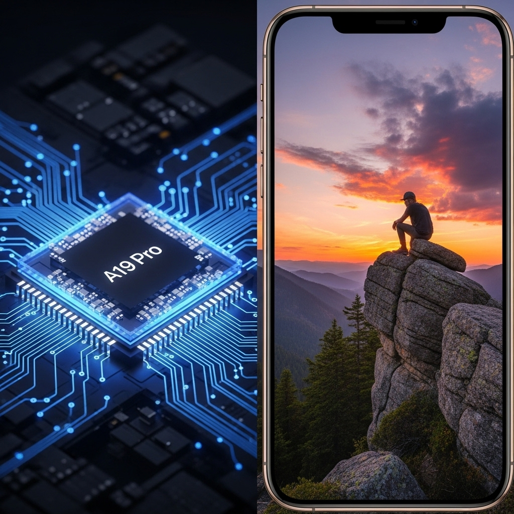 A dynamic, high-tech split image showing the iPhone 17 Pro's powerful A19 Pro chip with glowing internal circuits on one side, and on the other, a stunning, high-resolution photo taken with its advanced camera system, showcasing vibrant colors and sharp detail.