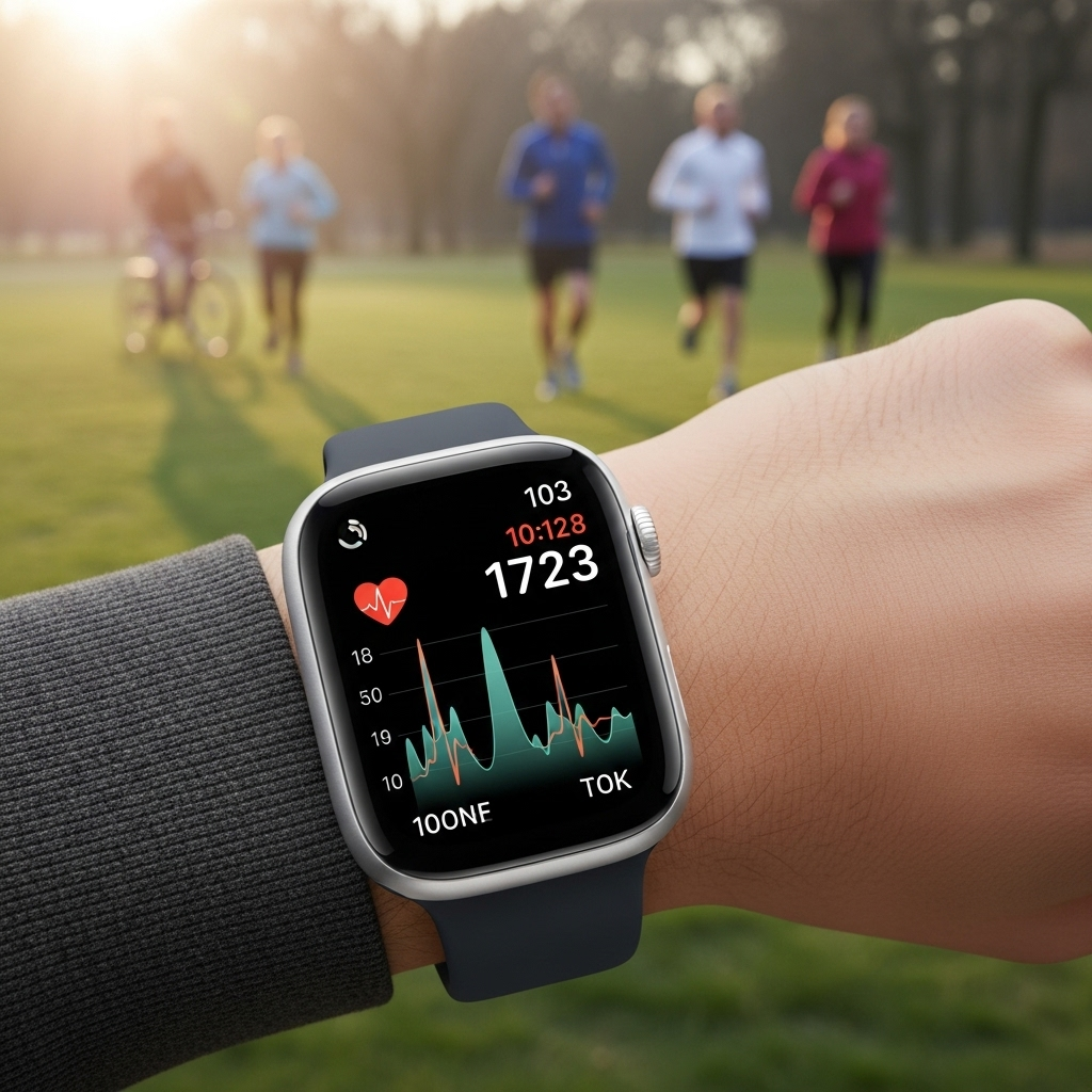 A person wearing the new Apple Watch Series 11 on their wrist, showing a vibrant health monitoring display with a heart rate graph and blood pressure indicator. The background is a clean, bright, health-focused setting like a gym or a park, suggesting an active lifestyle.