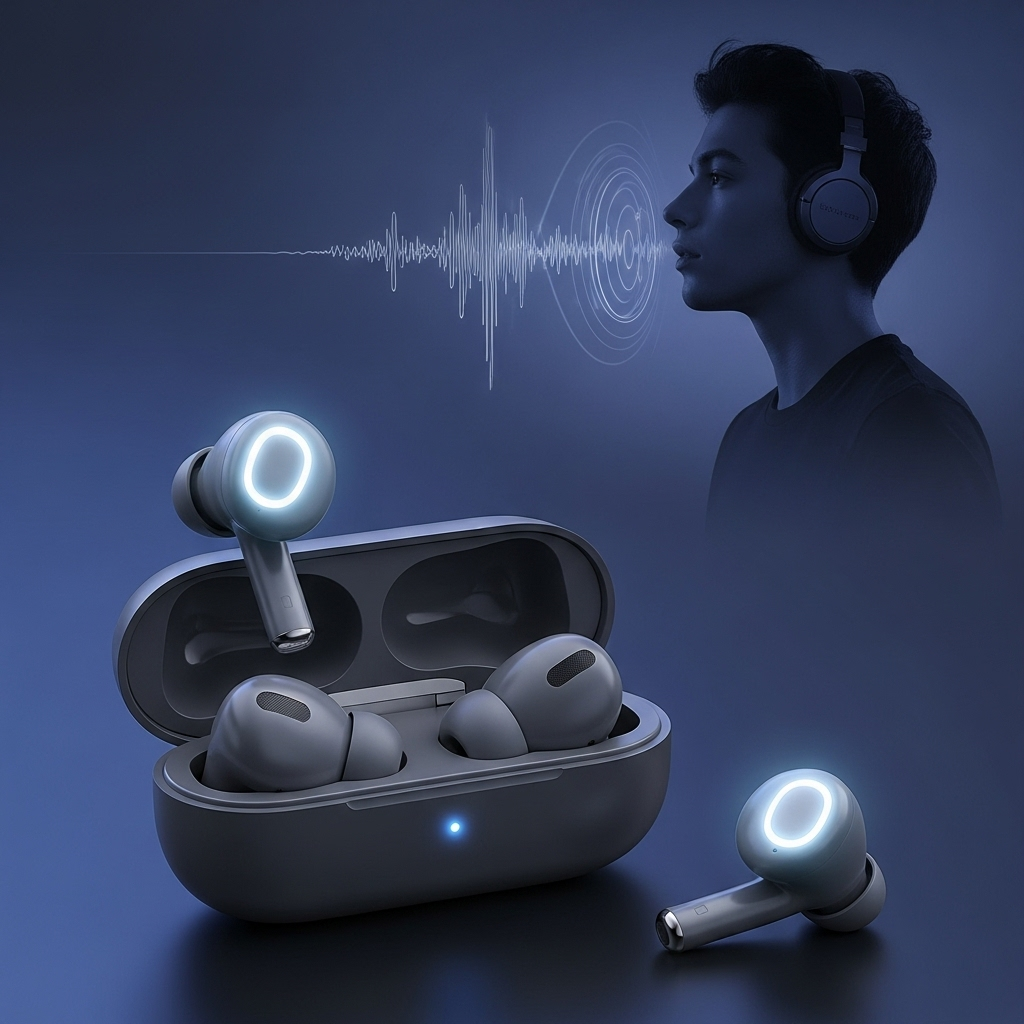 The new AirPods Pro 3 earbuds gracefully resting in their charging case, with a subtle glow emanating from the earbuds, hinting at their advanced features. In the background, a person is seen enjoying music or a call, with a faint graphical representation of sound waves.