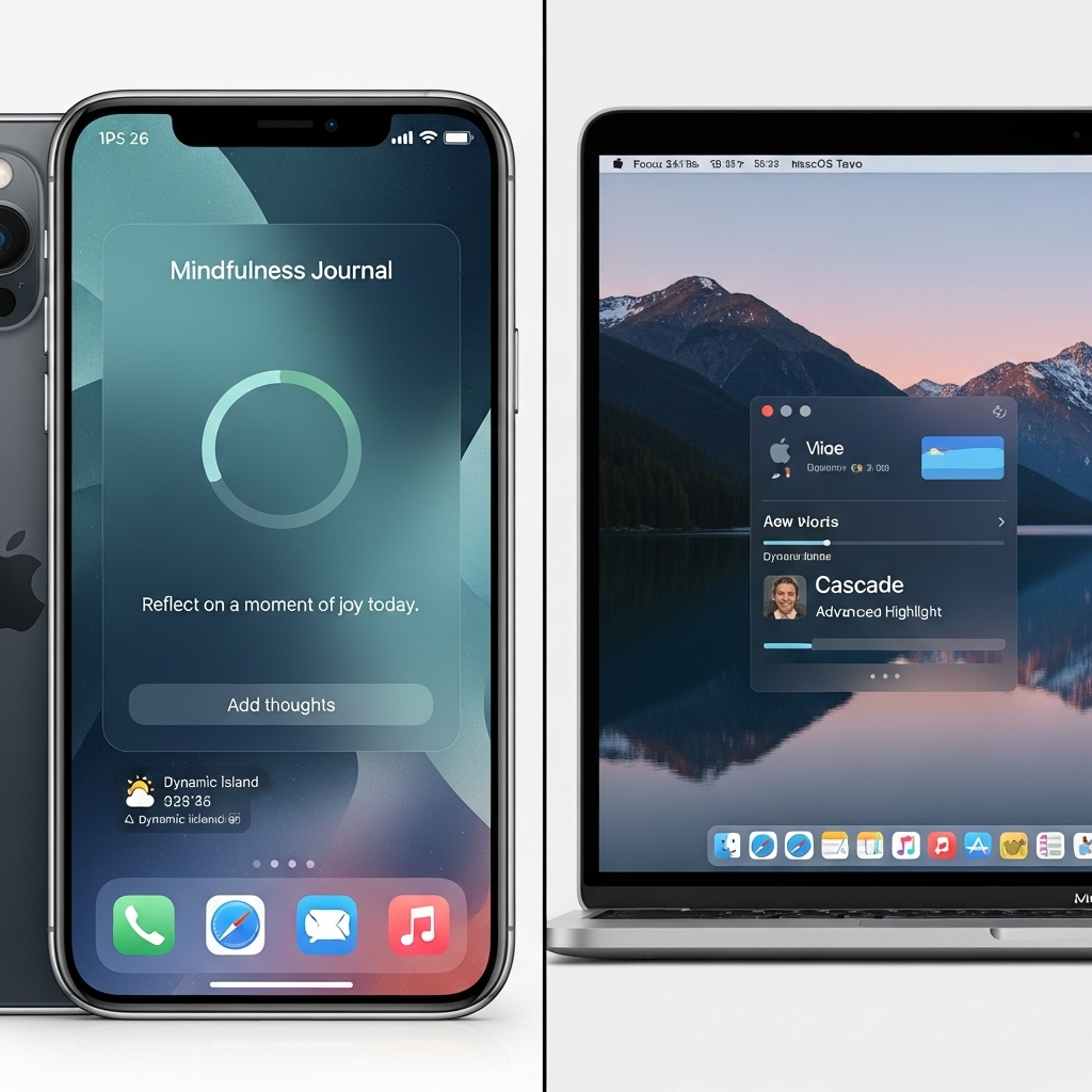 A split screen image. On one side, an iPhone displaying the clean, new interface of iOS 26 with a focus on new widgets or an app. On the other side, a MacBook screen showing the elegant desktop of macOS Tahoe, possibly highlighting a new feature or application.
