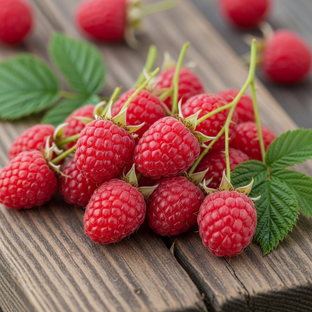 A close-up of several red, ripe wild raspberries artfully arranged on a rustic wooden board, with some green leaves. Focus on the fresh, natural appearance.