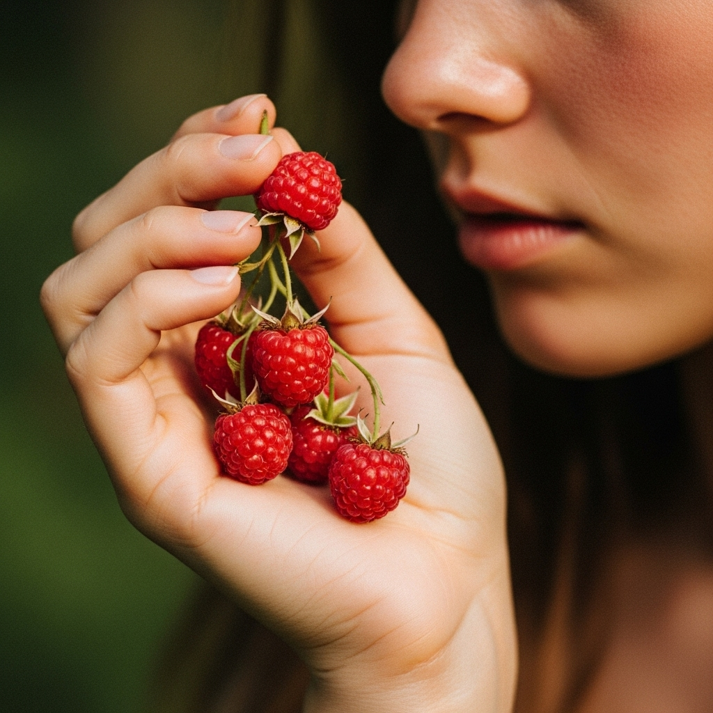 A person's hand gently holding a few fresh wild raspberries near their face, which has a natural, healthy glow. Soft, natural lighting. No text.
