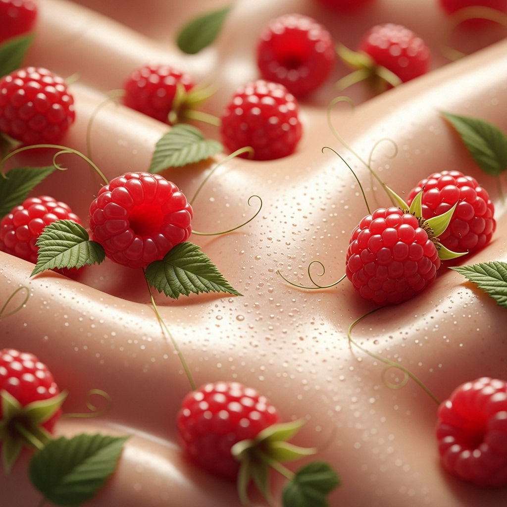 A visual representation of anti-aging, perhaps a glowing, smooth skin texture intertwined with vibrant red wild raspberries. Abstract and elegant, no text.