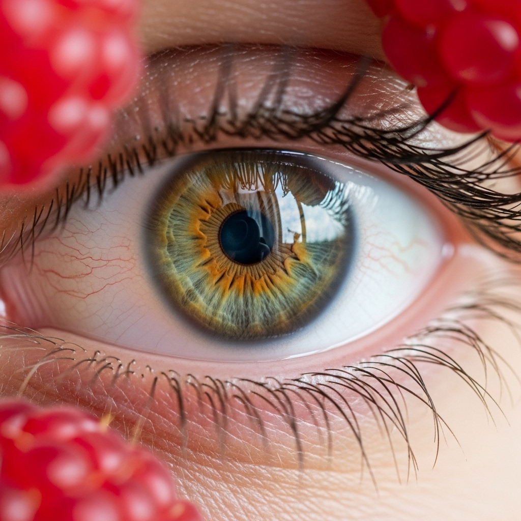 A close-up of a human eye, appearing refreshed and clear, with a soft, blurred background of red wild raspberries. Focus on a healthy eye.