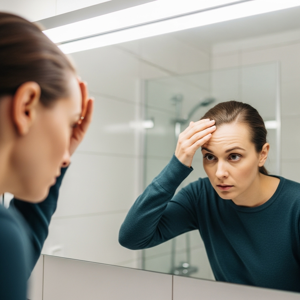 A person, looking slightly concerned, examining their hairline or the top of their head in a mirror in a well-lit bathroom. The image should convey a sense of self-reflection and mild worry about hair loss.
