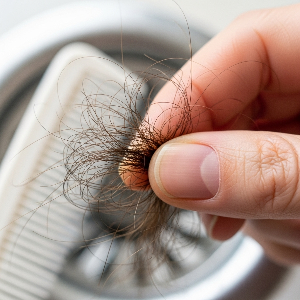 A close-up shot of a person's hand gently pulling a small bunch of thin hair strands, with a blurry background of a comb or a shower drain. The focus should be on the texture and quantity of the hair.