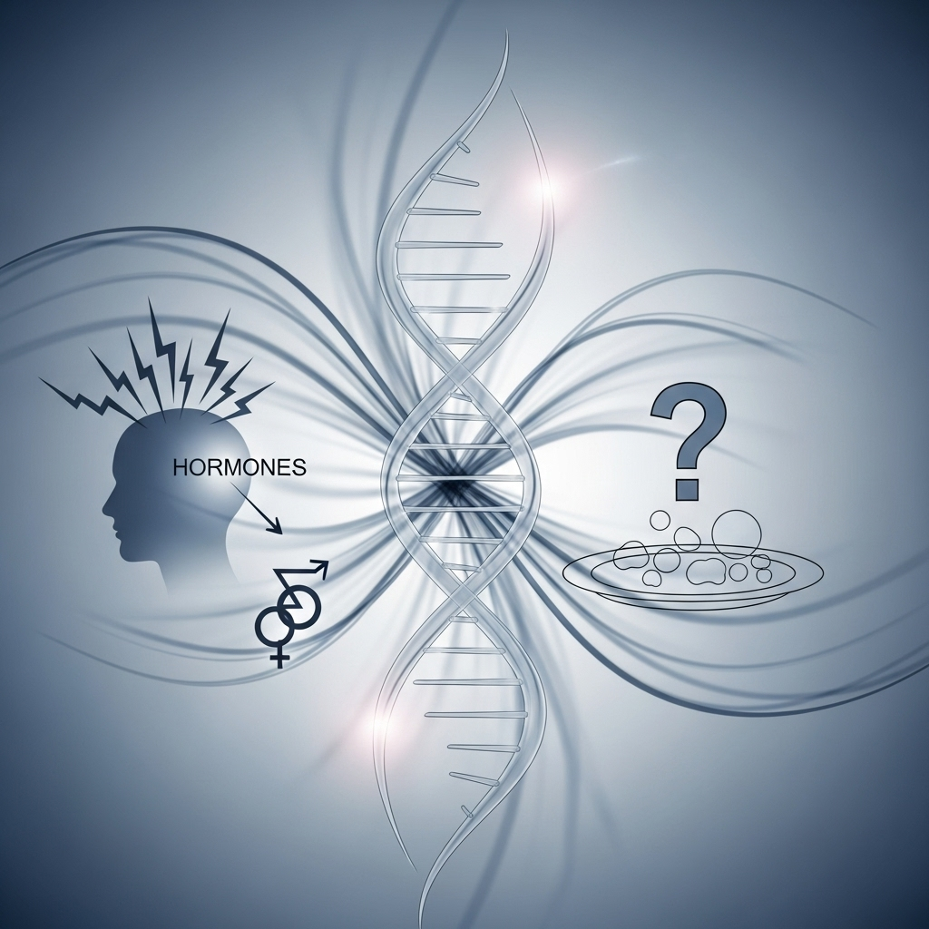 A stylized, abstract image representing various interconnected factors contributing to hair loss. Elements could include a subtle DNA helix, a stressed human silhouette, a small stylized hormone symbol, and a question mark over a nutrient-deficient plate, all subtly blended to show complexity without being too literal.
