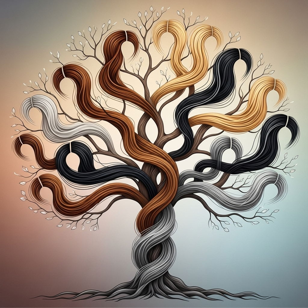 A subtle, artistic representation of a family tree with abstract hair strands intertwining around it, symbolizing the hereditary aspect of hair. No specific faces or identifiable people are shown.